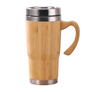 Insulated bamboo travel mug with stainless steel lid and ergonomic bamboo handle