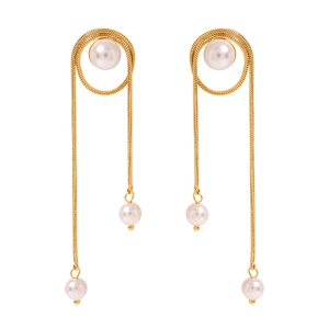 18k gold plated stainless steel tassel earrings with elegant pearls and snake chain drops