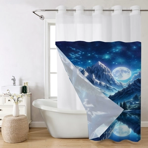 Detail of waterproof double-layer shower curtain with digital print and metal hook rings