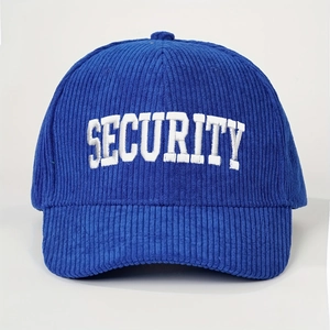 Detail of white SECURITY embroidery on navy blue corduroy baseball cap texture
