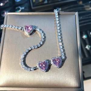 Pink Heart Necklace Copper Tennis Chain Cubic Zirconia Choker Sweet Romantic Jewelry For Women Girls Elegant Accessory
