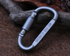 Detailed close-up of dark grey carabiner with Not For Climbing warning engraving