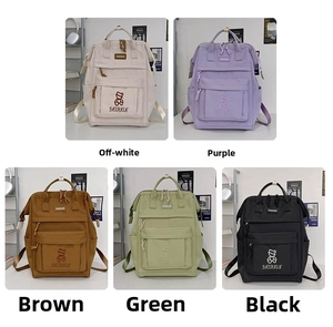 Five canvas backpacks in off-white, purple, brown, green and black with bear embroidery