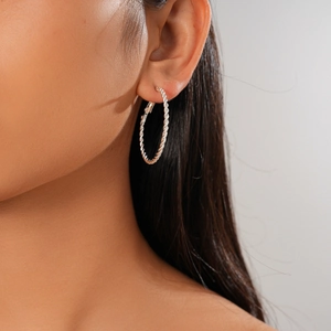 Close-up of a silver twisted hoop earring showing refined metallic texture and craftsmanship