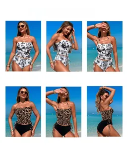 Vue détaillée d'un ensemble de maillots tankini taille haute à motifs tropicaux