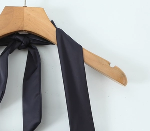 Détail du lien licou noir sur une robe suspendue à un cintre en bois élégant