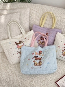 Kawaii Chien Chat Broderie Sac Fourre-Tout Matelassé Rembourré Motif Cœur Sac À Main Pour Femmes Sac De Shopping Doux