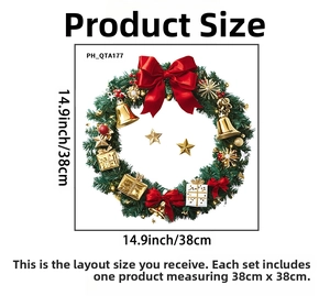 Christmas wreath wall sticker with red bow, golden bells, and 38cm size specifications
