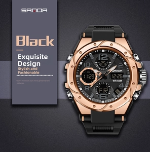 Detail of rose gold stainless steel watch case with digital-analog dual display