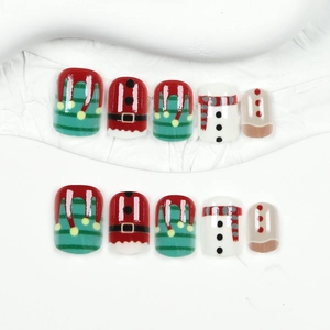 Short square Christmas press-on nails featuring cute snowman and Santa designs