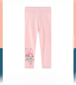 Detailed rabbit embroidery and floral applique on pink cotton leggings for girls