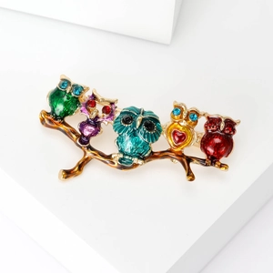 Colorful owl enamel brooch with crystals on golden branch for women fashion