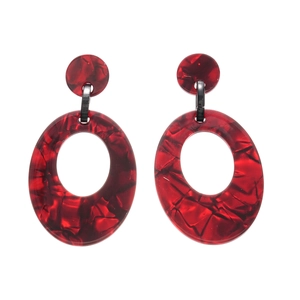 Retro red acrylic earrings with marble texture and geometric oval hollow design