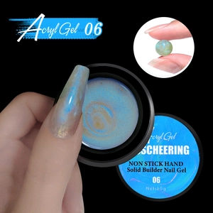 Detail of non-stick solid builder nail gel in aurora blue shade 06 in 10g jar