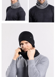 Detail of men's winter knitted beanie and neck warmer set with ribbed texture