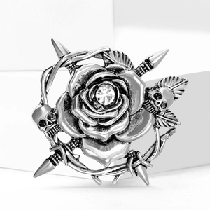 Vintage silver alloy rose brooch with skull and thorns gothic floral pin for women
