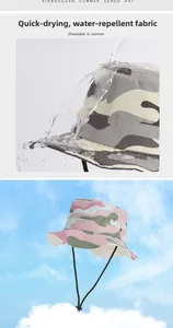 Detail of waterproof camouflage bucket hat with quick-dry fabric and adjustable wind rope