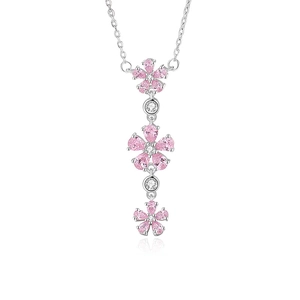 S925 silver necklace featuring three pink and white tassel plum blossom pendants