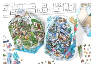 Detail of 3D architectural stickers featuring forest garden and modern villa designs