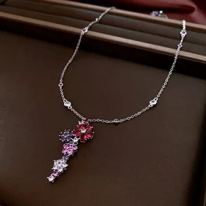 Floral zircon fringe pendant necklace in silver with colorful gemstones for women