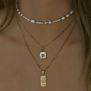 Evil Eye Pendant Necklace 18K Gold Plated Stainless Steel Rectangular Plate Sun Moon Stars Mystic Bohemian Jewelry
