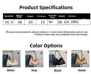 Detailed size chart and multi-color options for the soft PU leather tote shoulder bag
