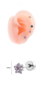 Detail of 4mm star-shaped stud earrings featuring colorful cubic zirconia and screw back