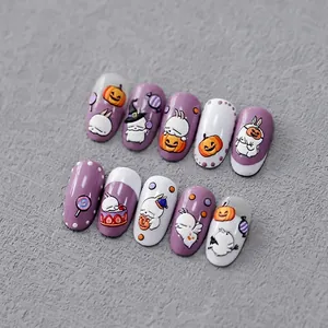 Halloween purple and cream 5D embossed nail stickers featuring cute rabbits and pumpkins