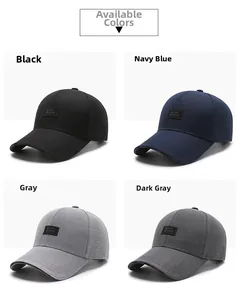 Detail of four baseball caps in black, navy, gray, and dark gray with front brand tags