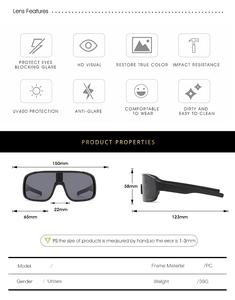 Infographie montrant les dimensions et caractéristiques UV400 des lunettes de cyclisme