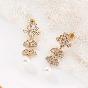 Elegant gold fringe pearl drop earrings with fan shape zirconia insets for women