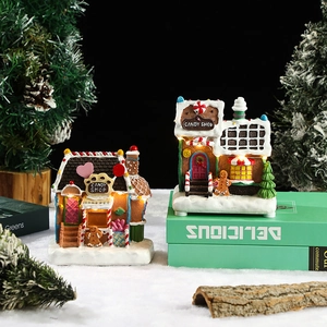Christmas Gingerbread House Candy Shop Ornament Resin LED Light Up Miniature Snow Scene Tabletop Festive Decoration