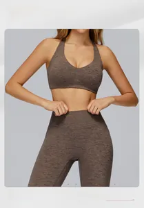 Brown heathered racerback yoga bra and high waist leggings set shown on a tall female model