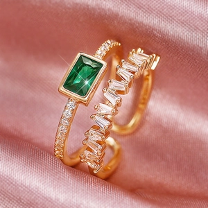 Minimalist gold double layer ring set with emerald cut green zircon and crystal accents