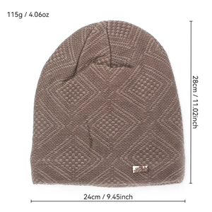 Brown fleece-lined winter knit beanie for men with diamond weave and Heat metal tag