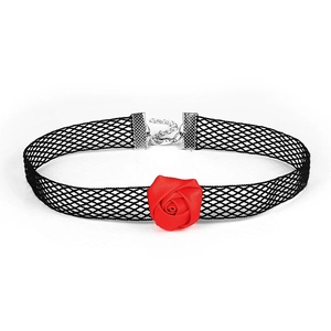 Detail of a black lace choker with a red fabric rose and silver metal clasp fastener