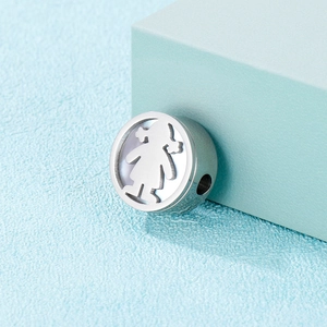 Silver stainless steel round bead featuring a girl cutout design for DIY jewelry bracelets