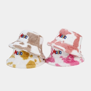 Plush cow print bucket hats with Music embroidery in multiple colors for autumn and winter