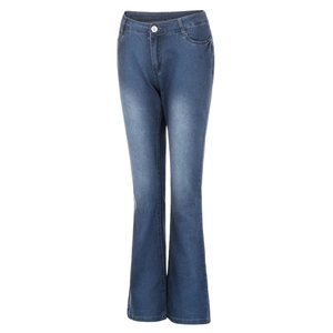 Detailed view of women's vintage flare jeans with subtle whiskers and denim texture