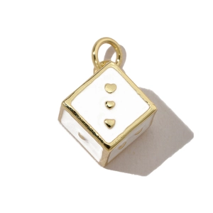 Detail of cubic dice pendant with white enamel, golden heart accents and top loop ring