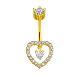 Detail of gold heart belly ring with pave-set zircon and dangling central heart stone