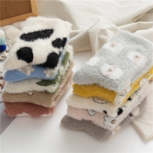 Chaussettes épaisses en polaire corail avec motifs de dessins animés et imprimés de vache