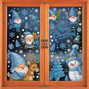 Blue Nordic Christmas gnome window clings set with snowflakes and trees on a glass door