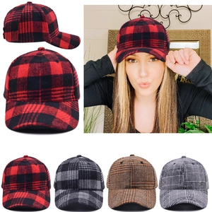 Plaid Baseball Cap Buffalo Check Pattern Winter Warm Woolen Texture Adjustable Outdoor Sport Hat For Women Men