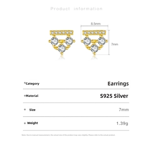 Detail view of S925 sterling silver geometric stud earrings with measurements and 1.39g weight