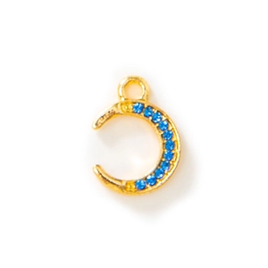 Golden moon charm pendant with blue rhinestones for DIY jewelry and necklaces