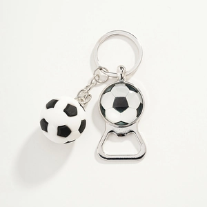Detail view of soccer-themed bottle opener keychain set with ball charm and metal ring