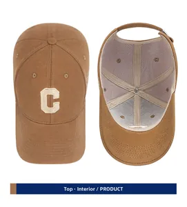 Detailed views of the khaki C-letter baseball cap's front design and internal lining structure