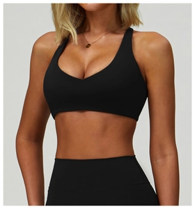 Close-up of the V-neck and seamless stitch detail of a black high-elasticity sports bra