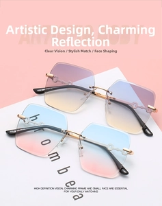 Detail of rimless geometric sunglasses with gradient lenses and gold hollow temples